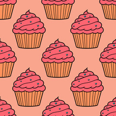 Cute cupcakes with cream and berries seamless pattern background.