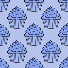 Cute cupcakes with cream and berries seamless pattern background.