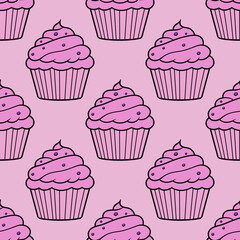 Cute cupcakes with cream and berries seamless pattern background.