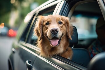curious golden retriever sticking head out of a car window while standing against museums with outdoor exhibits background - obrazy, fototapety, plakaty