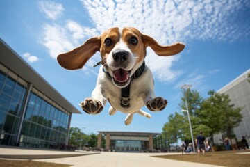 cute beagle jumping isolated in museums with outdoor exhibits background - obrazy, fototapety, plakaty