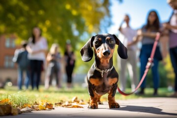 funny dachshund holding a leash in its mouth in front of museums with outdoor exhibits background - obrazy, fototapety, plakaty