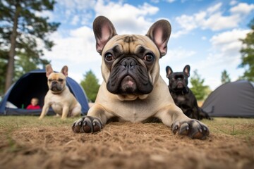 bored french bulldog having a paw print on dog-friendly campgrounds background