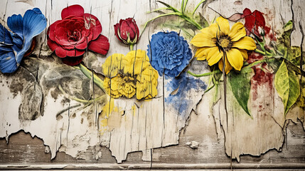 Flower arrangement on an old wooden background with shabby and cracked paint close-up with copy space. Greeting card base design. Floral banner, poster, background.