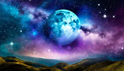 Fototapete Vollmond und Bäume abstract starry space background with shining stars stardust and nebula realistic galaxy with milky way and planet background