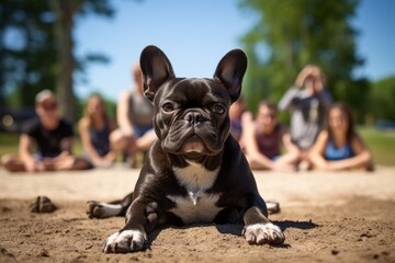 bored french bulldog having a paw print isolated on dog-friendly campgrounds background