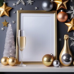 champagne bottle and glasses, blank frame, christmas decor champagne bottle and glasses, blank frame, christmas decor christmas composition with champagne and christmas decor on light background.