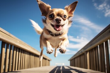 curious chihuahua jumping over boardwalks and piers background