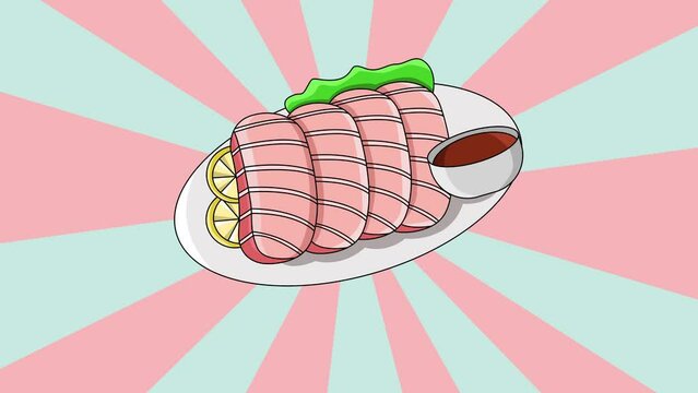 Animation of a typical Japanese food sashimi icon with a rotating background