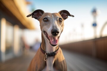 smiling greyhound sitting in front of boardwalks and piers background - obrazy, fototapety, plakaty