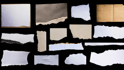 collection paper torn or ripped pieces of paper in black background - obrazy, fototapety, plakaty