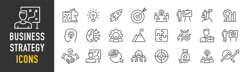 Business Strategy web icons in line style. Strategy, startup, teamwork, people, plan, payment, management, target, employee, infographic. Icon collection. Vector illustration.