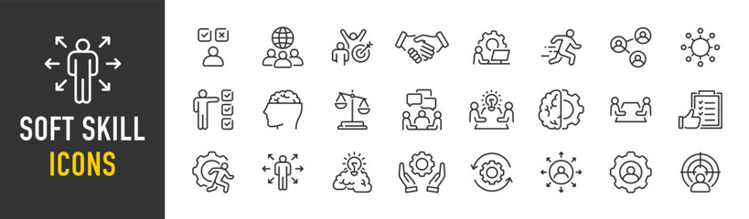 Soft skills web icons in line style. Teamwork, creativity, communication, problem-solving, management, collection. Vector illustration.