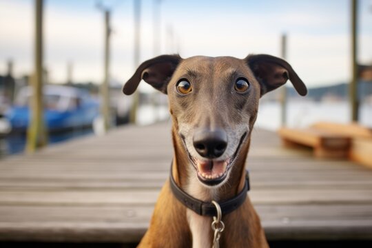 smiling greyhound sitting isolated in boardwalks and piers background