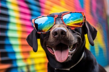 funny labrador retriever wearing a trendy sunglasses over graffiti walls and murals background