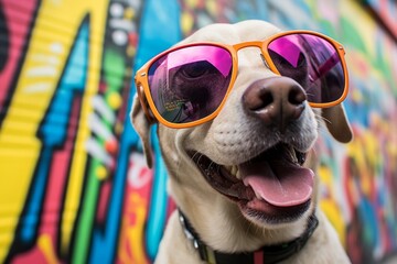 funny labrador retriever wearing a trendy sunglasses while standing against graffiti walls and...