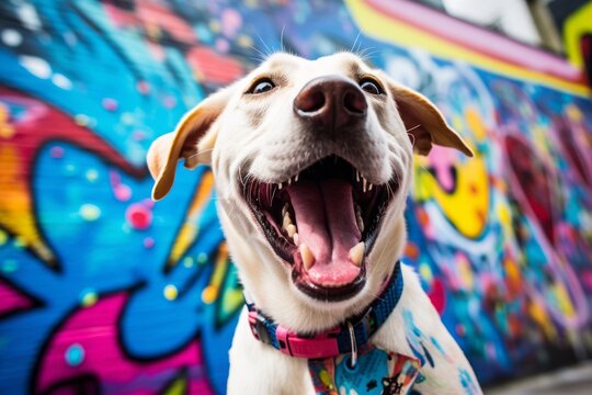 funny labrador retriever wearing a trendy sunglasses in front of graffiti walls and murals background