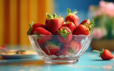 Strawberries in a glass bowl on a blue background, selective focus. Strawberries. Vitamin Concept...