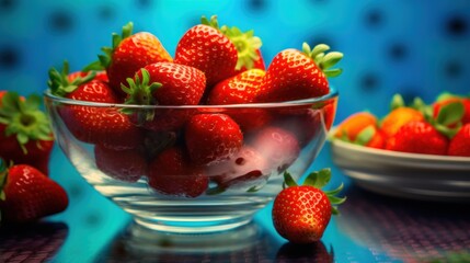 Strawberries in a glass bowl on a blue background, close-up. Strawberries. Vitamin Concept With...