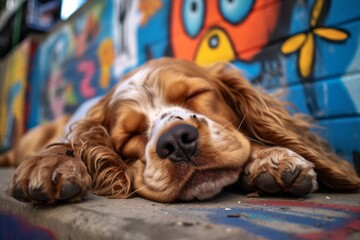 funny cocker spaniel sleeping isolated on graffiti walls and murals background