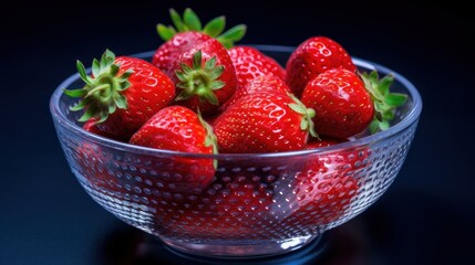 Strawberries in a glass bowl on a black background closeup. Strawberries. Vitamin Concept With Copy...