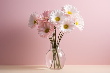  a vase filled with pink and white daisies on top of a wooden table next to a light pink wall.
