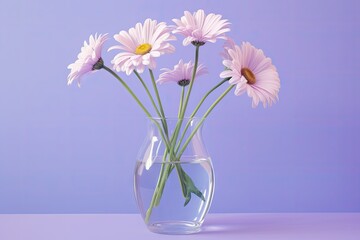  a glass vase filled with pink flowers on top of a purple and blue tableclothed tablecloth with a light purple background.