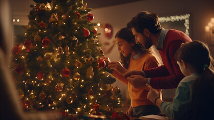 a family decorating christmas tree