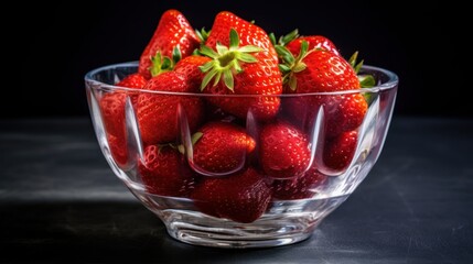 Strawberries in a glass bowl on a black background close up. Strawberries. Vitamin Concept With...