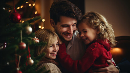 Obraz na płótnie Canvas A joyful family share a warm embrace, laughing and smiling against a backdrop of a twinkling Christmas tree.
