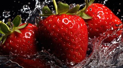 Strawberries in water splashes on a black background close-up. Strawberries. Vitamin Concept With...