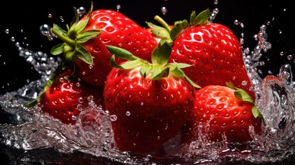 Strawberries in water on a black background. Strawberries. Vitamin Concept With Copy Space.