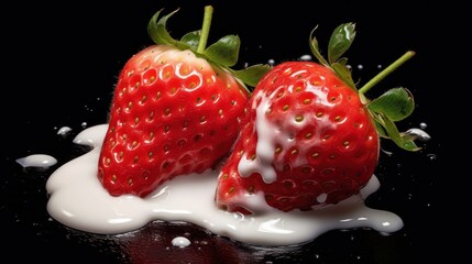 strawberries in milk on a black background. close-up. Strawberries. Vitamin Concept With Copy Space.