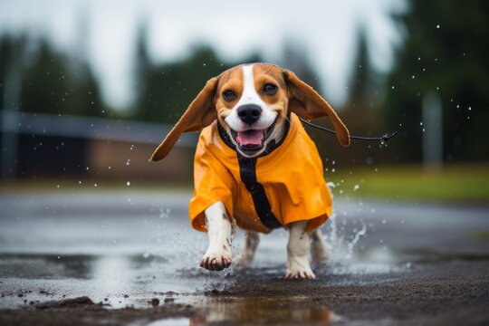 funny beagle in raincoat playing in the rain isolated in skateparks background
