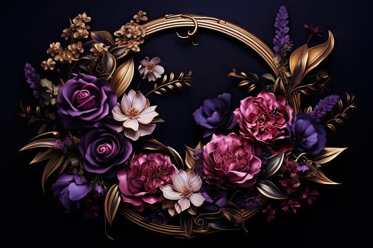  a gold frame with purple and pink flowers on a black background with gold leaves and flowers on the edges of the frame.