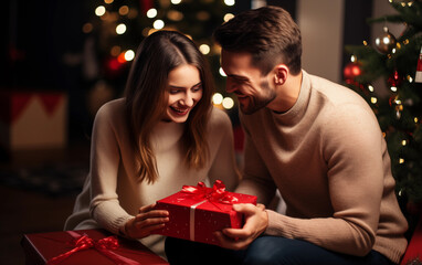Handsome man surprising his girlfriend with christmas present