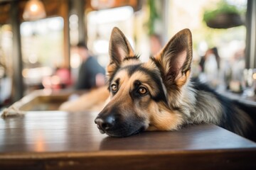 curious german shepherd relaxing at a cafe isolated on zoos and wildlife sanctuaries background
