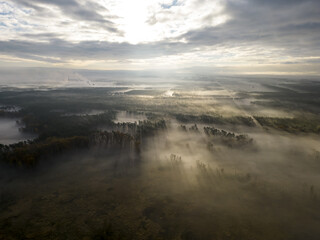 incredible foggy sunrise with beautiful rays of light over the misty valley forest, drone view from high above