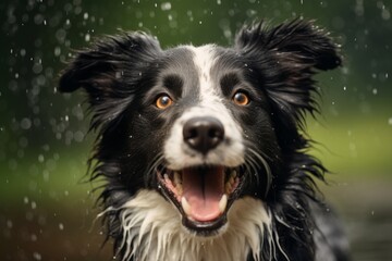 Fototapeta premium happy border collie playing in the rain over zoos and wildlife sanctuaries background
