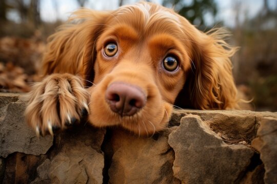 curious cocker spaniel scratching nose in zoos and wildlife sanctuaries background