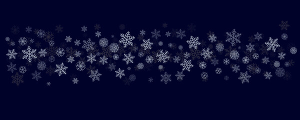 Christmas snowflakes background. Winter snow border blue decoration, greeting card. Noel subtle frame backdrop. Vector illustration