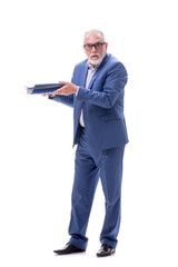 Old boss holding heavy pile isolated on white