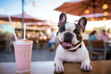 happy french bulldog having a smoothie on public plazas and squares background - obrazy, fototapety, plakaty