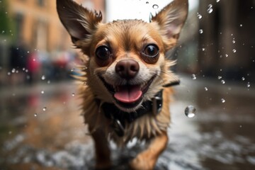 funny chihuahua playing in the rain over public plazas and squares background
