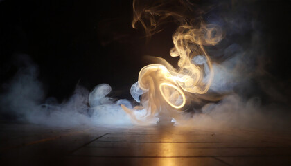 mystical mist swirling smoke in dark and light symphony fluid fantasia abstract dance of fog and light on floor with black background - obrazy, fototapety, plakaty