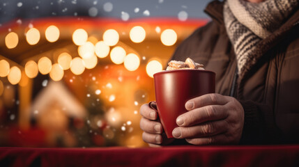 A cheerful elderly man with a white beard is wearing a Santa hat and a warm coat, holding a mug, smiling joyfully amidst a backdrop of festive lights and falling snow.
