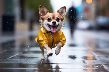 funny chihuahua playing in the rain while standing against public plazas and squares background - obrazy, fototapety, plakaty
