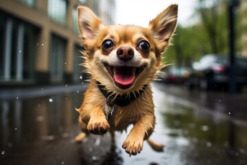 funny chihuahua playing in the rain in front of public plazas and squares background - obrazy, fototapety, plakaty