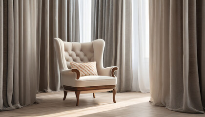 isolated armchair in an interior between curtains