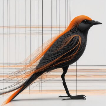 3d render of a black - white bird 3d render of a black - white bird realistic black bird with orange color on white background. vector 3d illustration.
